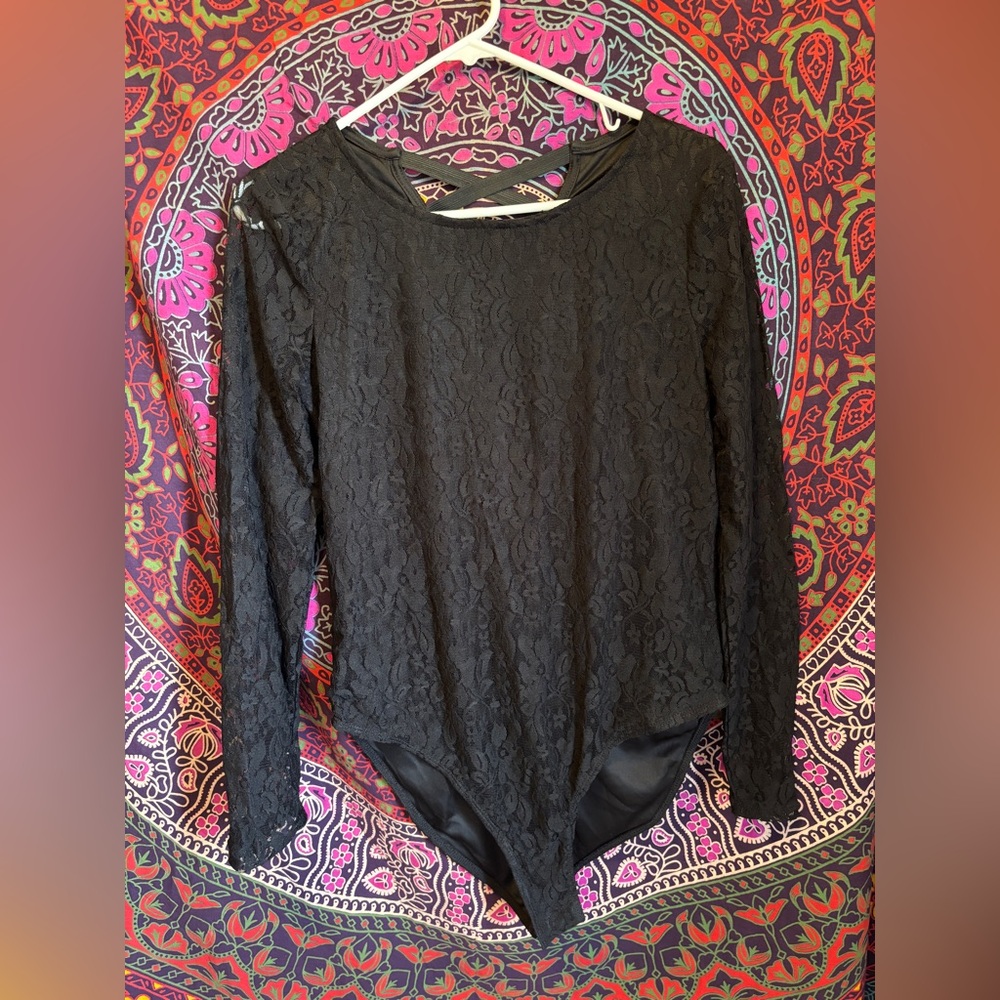 Xhilaration Black Floral Bodysuit Sheer Long Sleeves Juniors Size Large